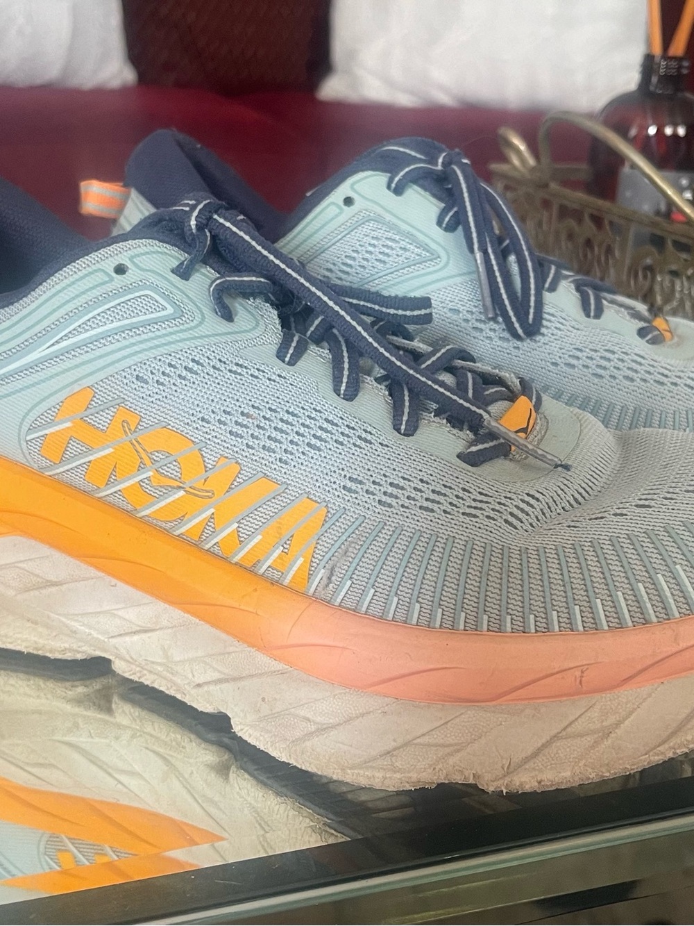 Hoka Men's Light Blue and Orange Running Sneakers